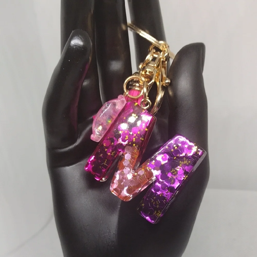 Pink Gold Glitter Monogram M Keychain Personalized Sparkle Charm Gift